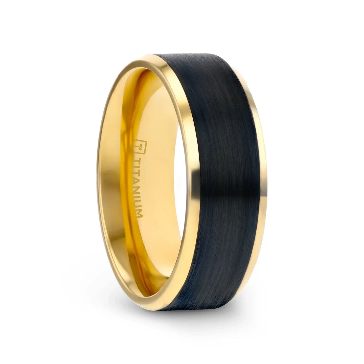 BEAUMONT Gold-Plated Titanium Beveled Ring with Brushed Black Center – 8mm - Larson Jewelers