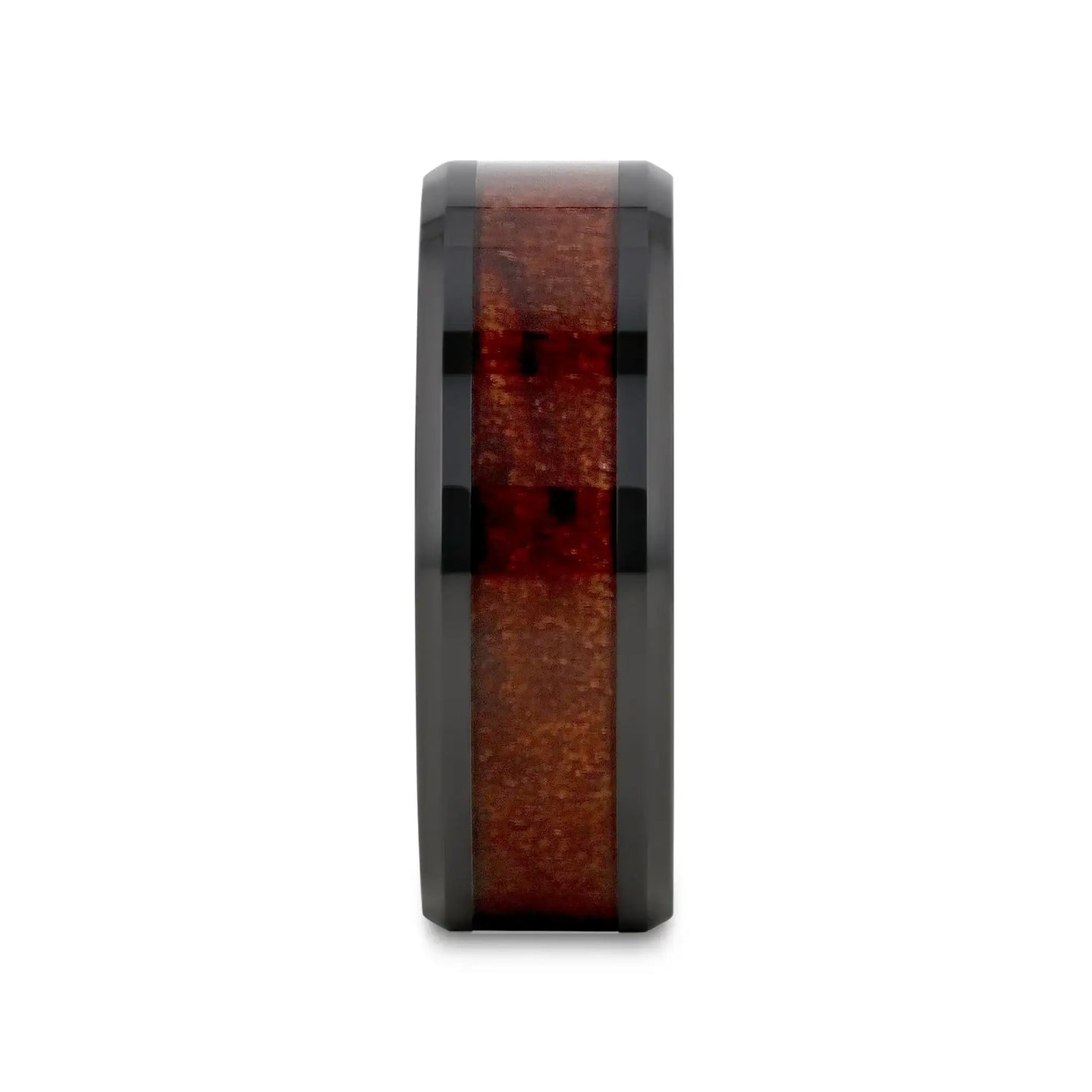 BENNY Black Ceramic Polished Beveled Edges Men’s Wedding Band with Bubinga Wood Inlay - 8mm - Larson Jewelers