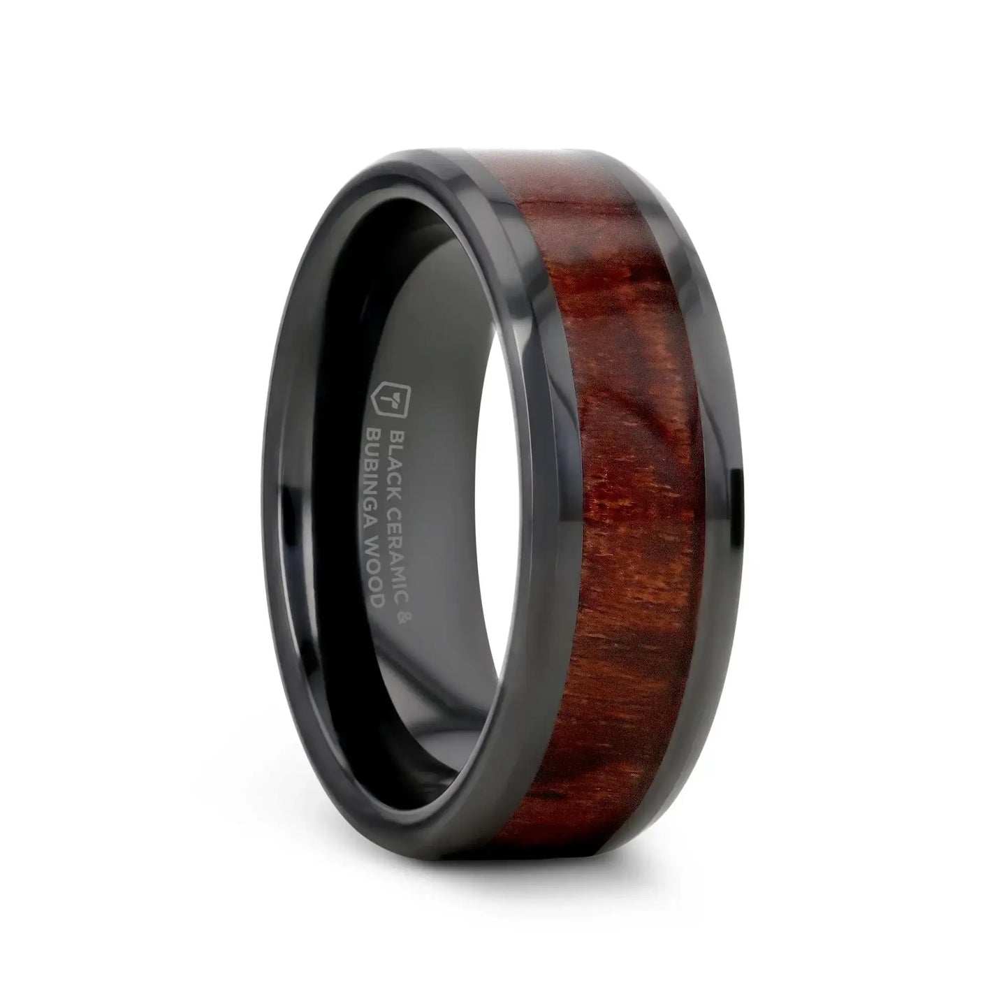 BENNY Black Ceramic Polished Beveled Edges Men’s Wedding Band with Bubinga Wood Inlay - 8mm - Larson Jewelers