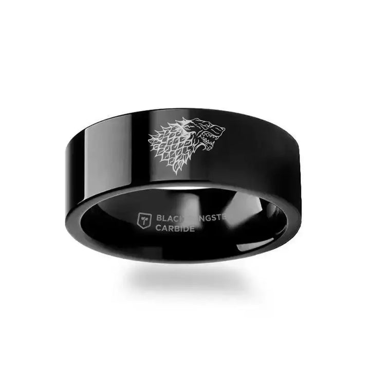 Game of Thrones Noble Houses Sigil Engraving Black Tungsten Ring Stark - 2mm - 12mm - Larson Jewelers