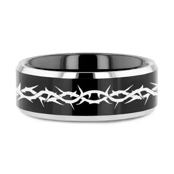THORN CROWN Tungsten Ring with Black Center and Polished Beveled Edges - Larson Jewelers