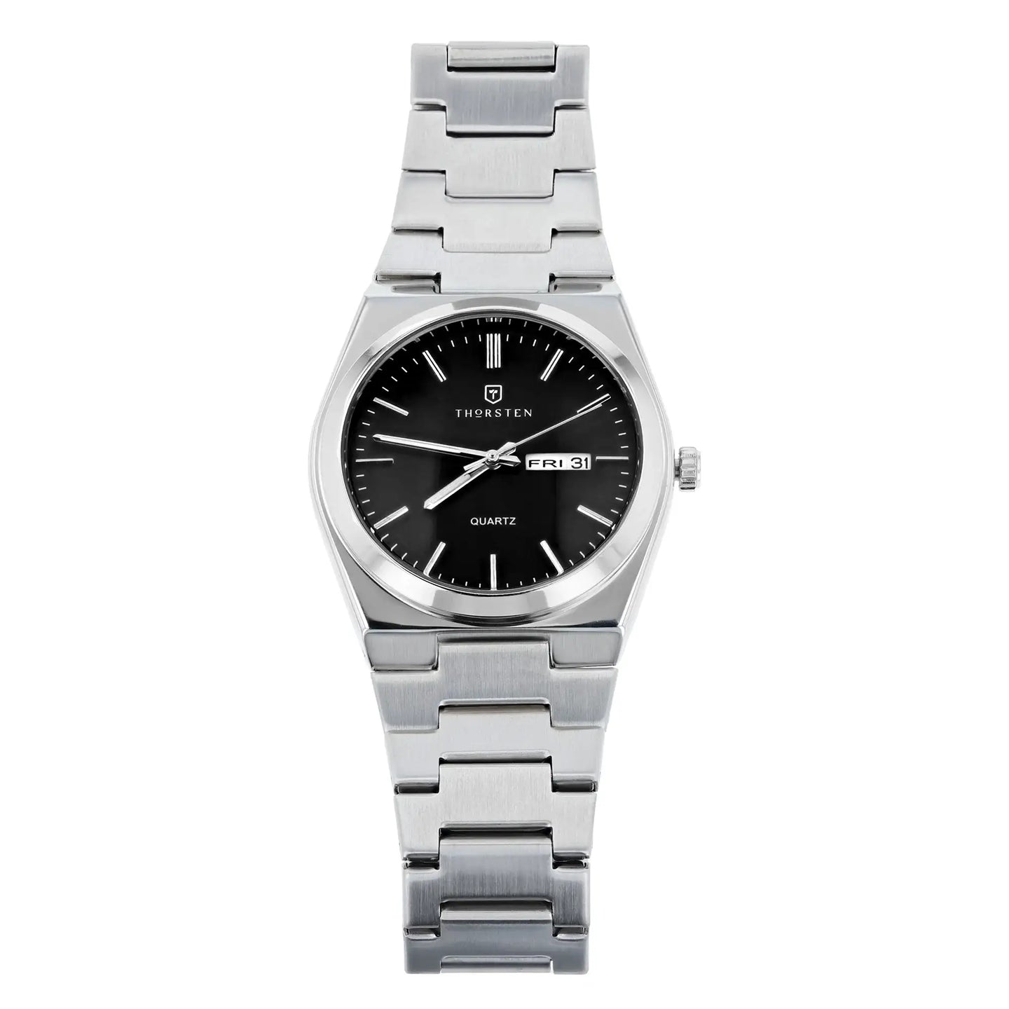 Silver-tone watch with black dial, white hour markers, day-date window, and linked metal bracelet.