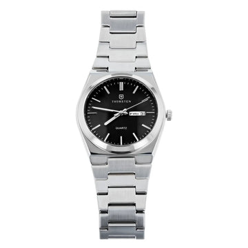 Silver-tone watch with black dial, white hour markers, day-date window, and linked metal bracelet.