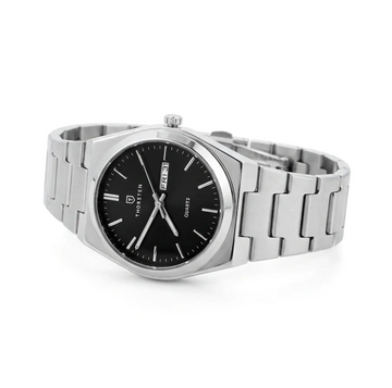 Silver stainless steel watch with black dial, white hour markers, and silver band.