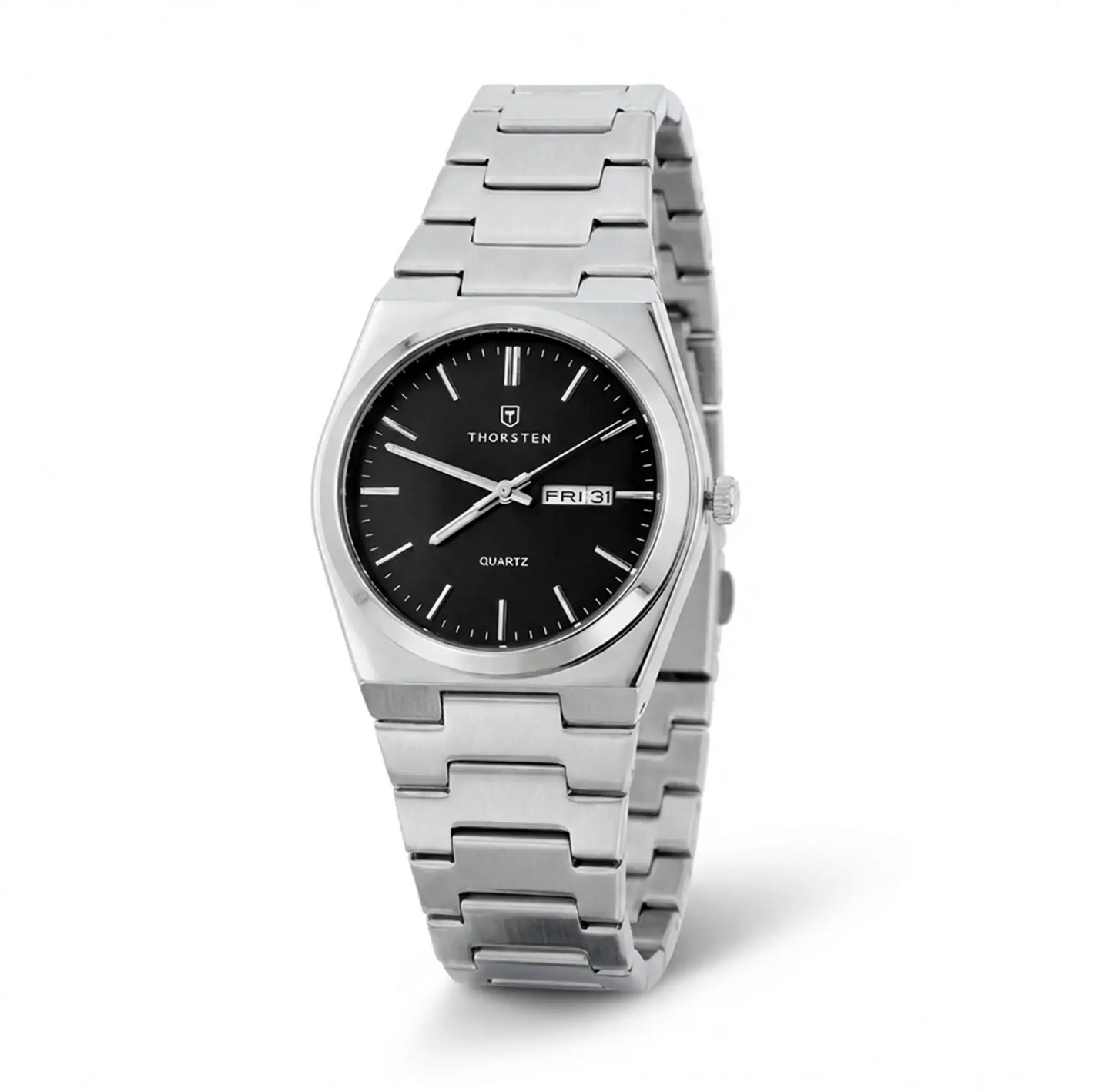 Silver stainless steel watch with black dial, white hands, day-date window, and matching silver metal bracelet.
