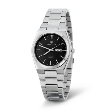 Silver stainless steel watch with black dial, white hands, day-date window, and matching silver metal bracelet.