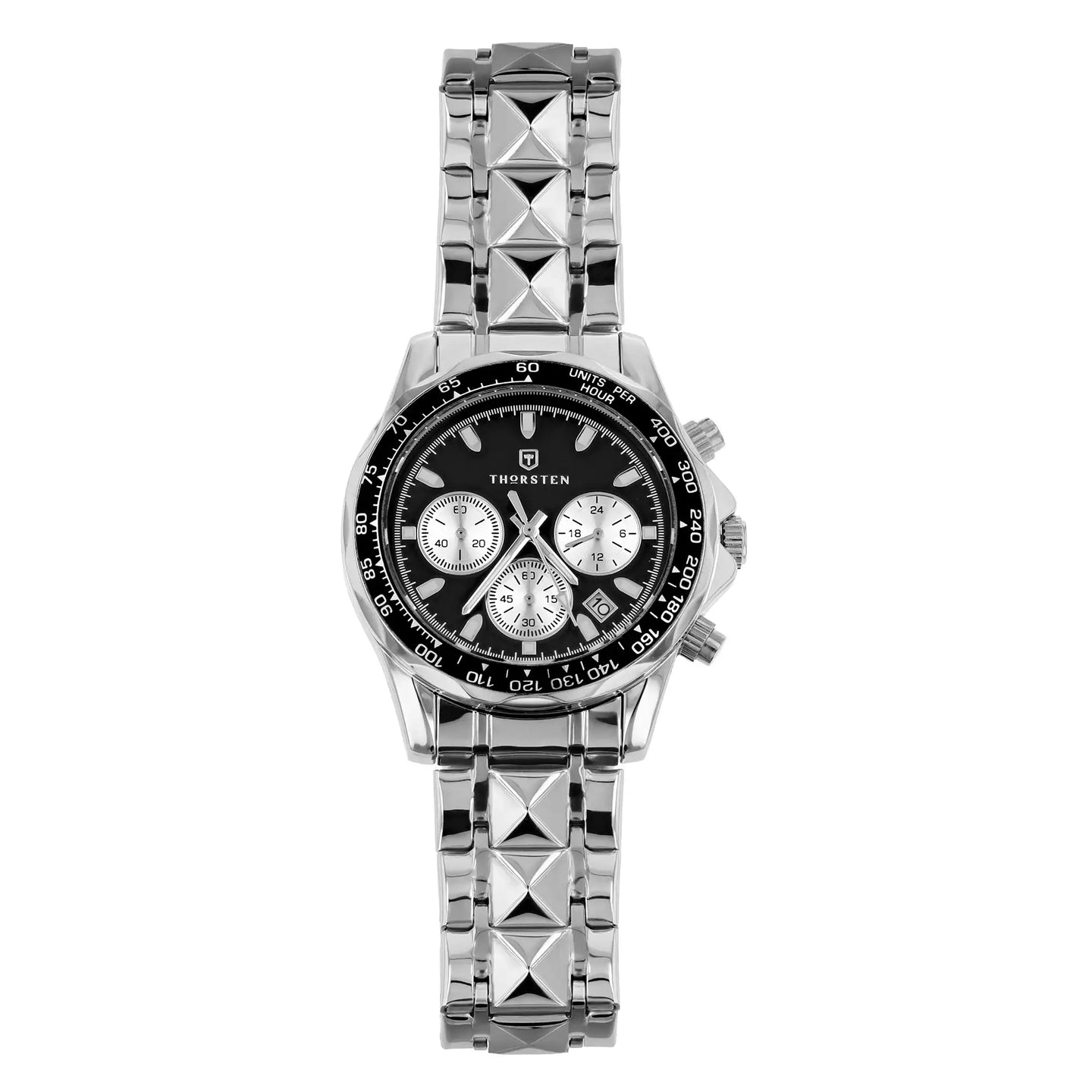Silver-tone watch with black dial, three white sub-dials, tachymeter bezel, and studded silver metal band.