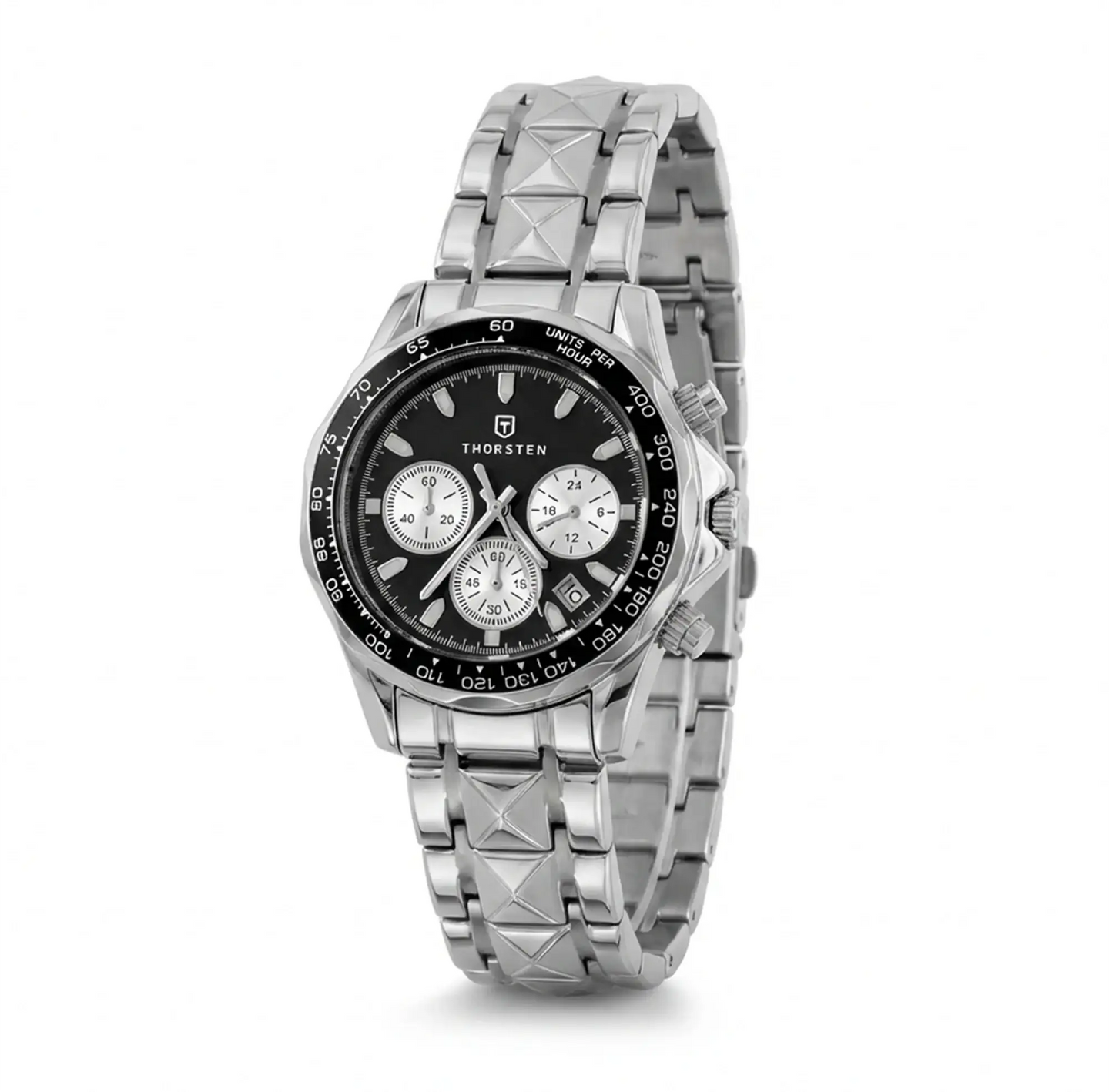 Black dial chronograph watch with three white sub-dials and silver metal bracelet band.