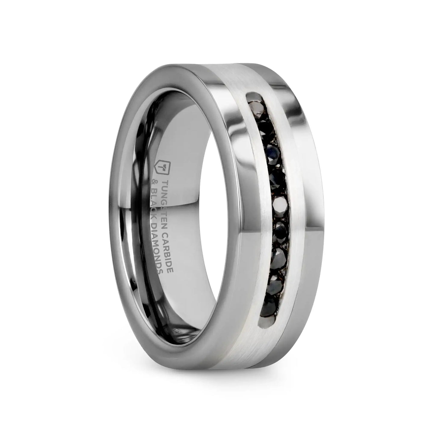 BLACKSTONE Flat Tungsten Wedding Band with Brushed Silver Inlay Center and 9 Channel Set Black Diamonds - 8mm - Larson Jewelers