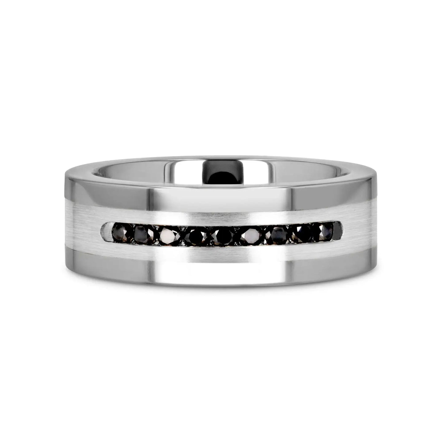 BLACKSTONE Flat Tungsten Wedding Band with Brushed Silver Inlay Center and 9 Channel Set Black Diamonds - 8mm - Larson Jewelers