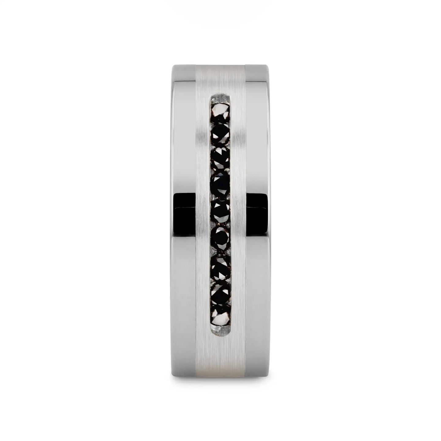 BLACKSTONE Flat Tungsten Wedding Band with Brushed Silver Inlay Center and 9 Channel Set Black Diamonds - 8mm - Larson Jewelers