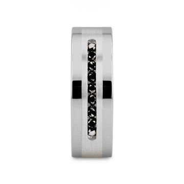 BLACKSTONE Flat Tungsten Wedding Band with Brushed Silver Inlay Center and 9 Channel Set Black Diamonds - 8mm - Larson Jewelers