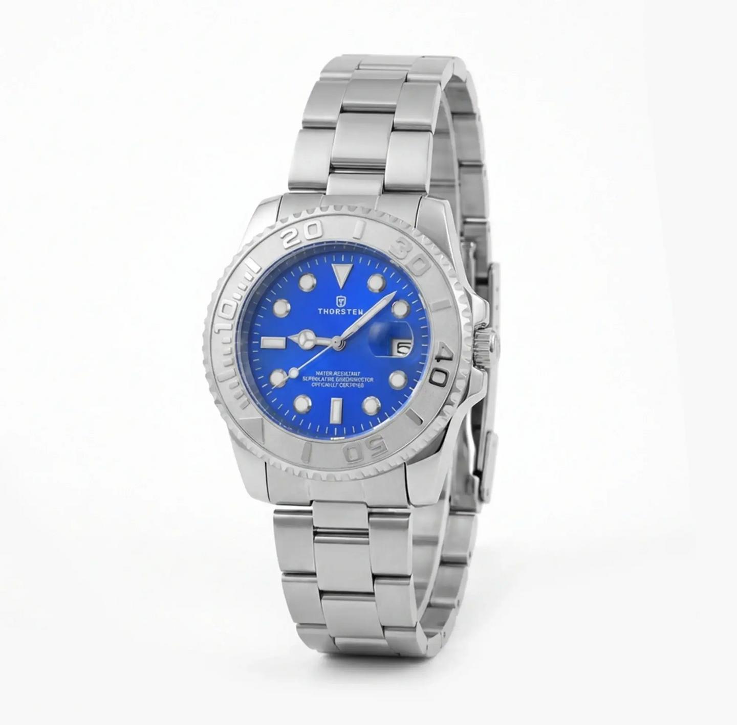 Silver-tone watch with deep blue dial, white hour markers, and matching silver metal band.