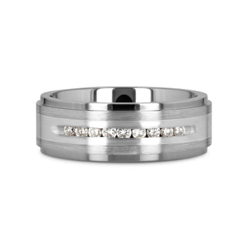 BOND Flat Brushed Silver Inlaid Titanium Men's Wedding Band With 9 Channel Set White Diamonds - 8mm - Larson Jewelers
