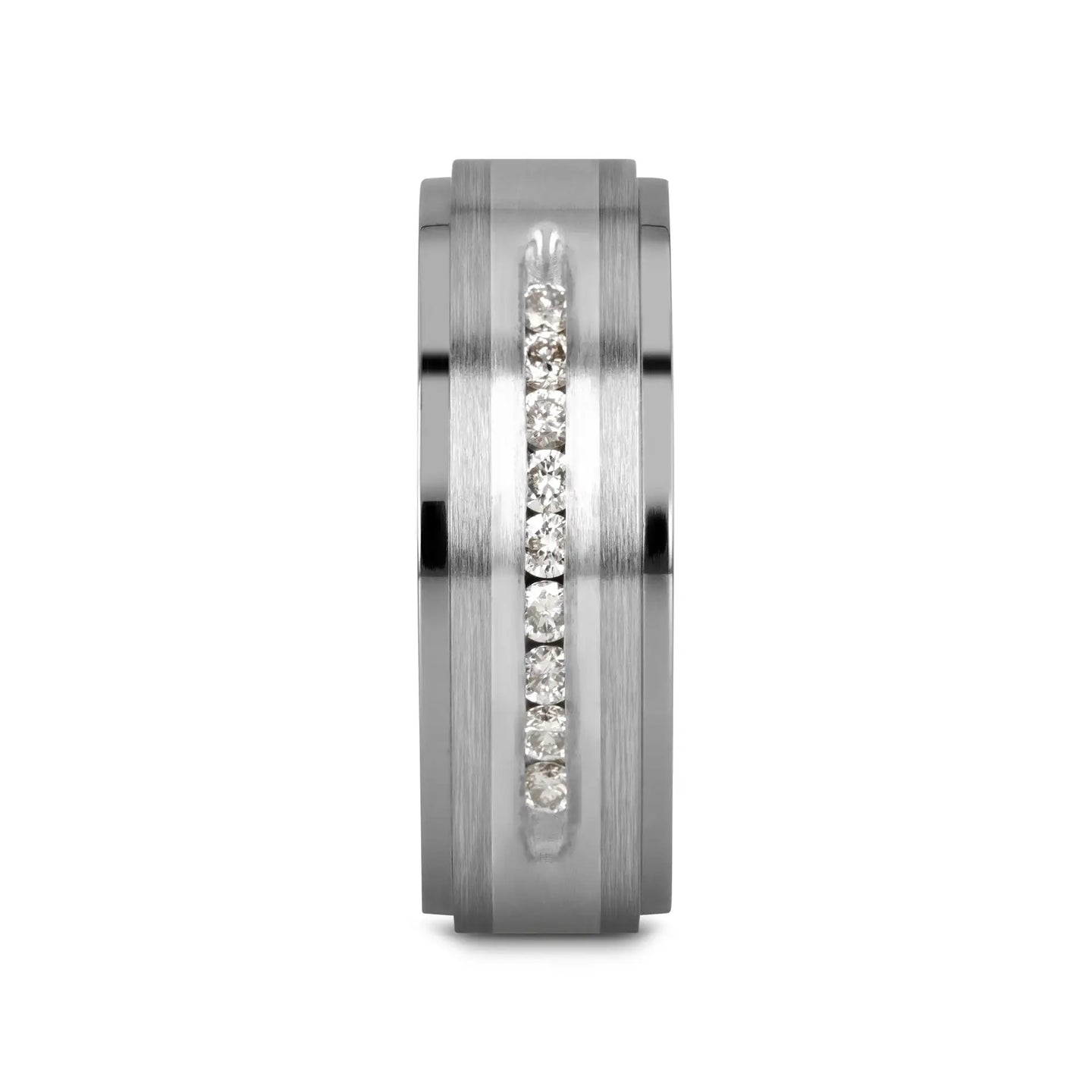 BOND Flat Brushed Silver Inlaid Titanium Men's Wedding Band With 9 Channel Set White Diamonds - 8mm - Larson Jewelers