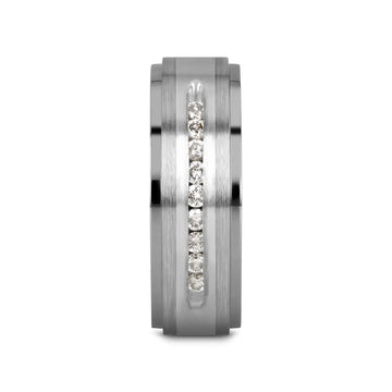 BOND Flat Brushed Silver Inlaid Titanium Men's Wedding Band With 9 Channel Set White Diamonds - 8mm - Larson Jewelers