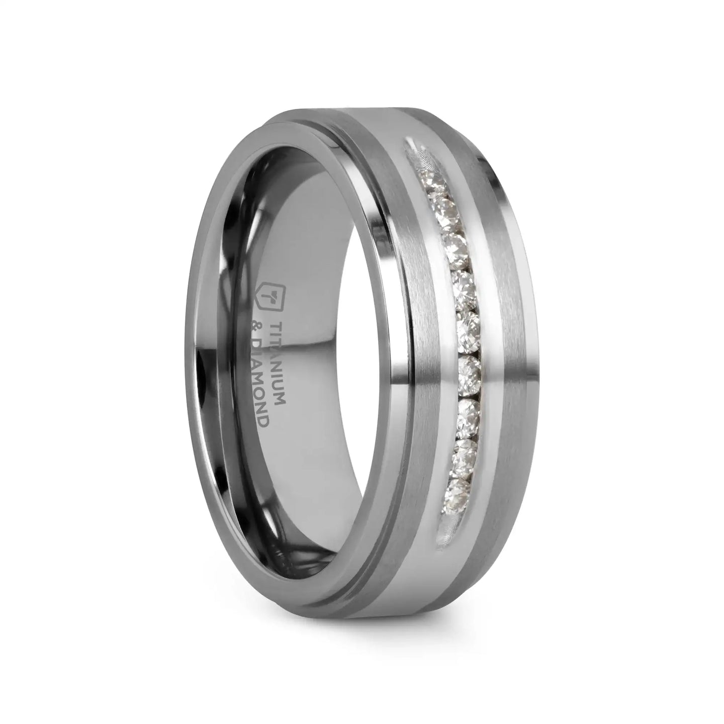 BOND Flat Brushed Silver Inlaid Titanium Men's Wedding Band With 9 Channel Set White Diamonds - 8mm - Larson Jewelers