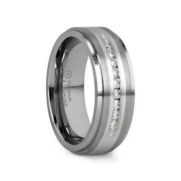BOND Flat Brushed Silver Inlaid Titanium Men's Wedding Band With 9 Channel Set White Diamonds - 8mm - Larson Jewelers