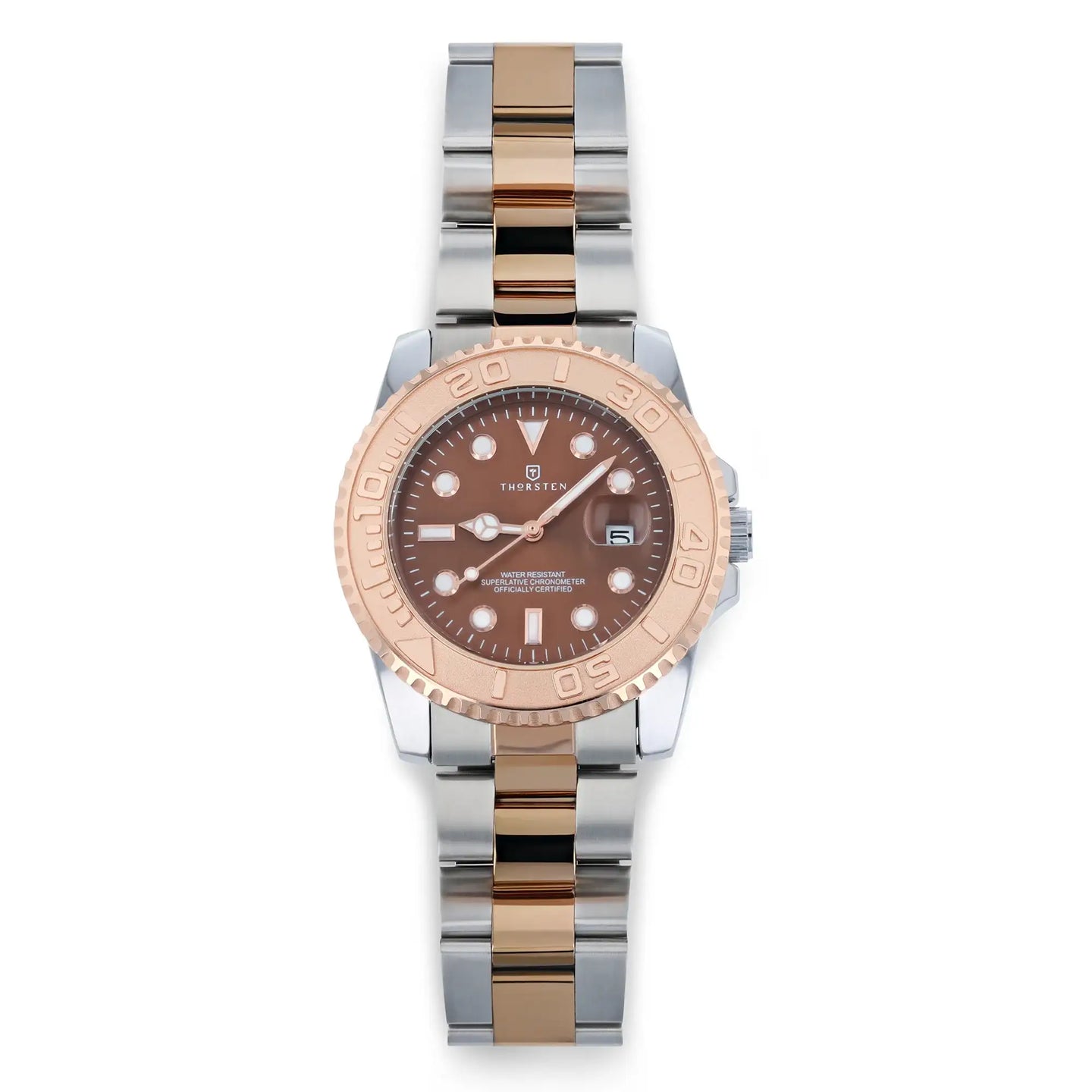Watch with copper dial, copper bezel, and mixed silver and copper band with white hour markers and date window.