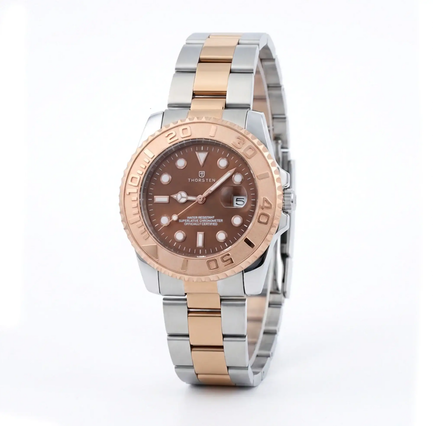 Round watch with copper brown dial, copper bezel, and two-tone silver and copper link band.