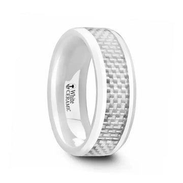 KENYON Beveled Polished White Ceramic Wedding Band with White Carbon Fiber Inlay – 8mm - Larson Jewelers