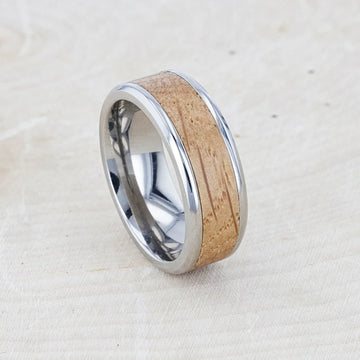 CASK Whiskey Barrel Inlaid Titanium Men's Wedding Band With Beveled Polished Edges Made From Genuine Whiskey Barrels - 8mm - Larson Jewelers