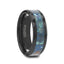 Angled view of black beveled ceramic wedding band with polished blue-green chrysocolla inlay, 8mm width