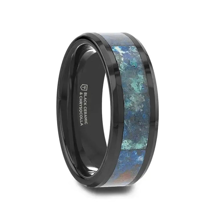 Angled view of black beveled ceramic wedding band with polished blue-green chrysocolla inlay, 8mm width