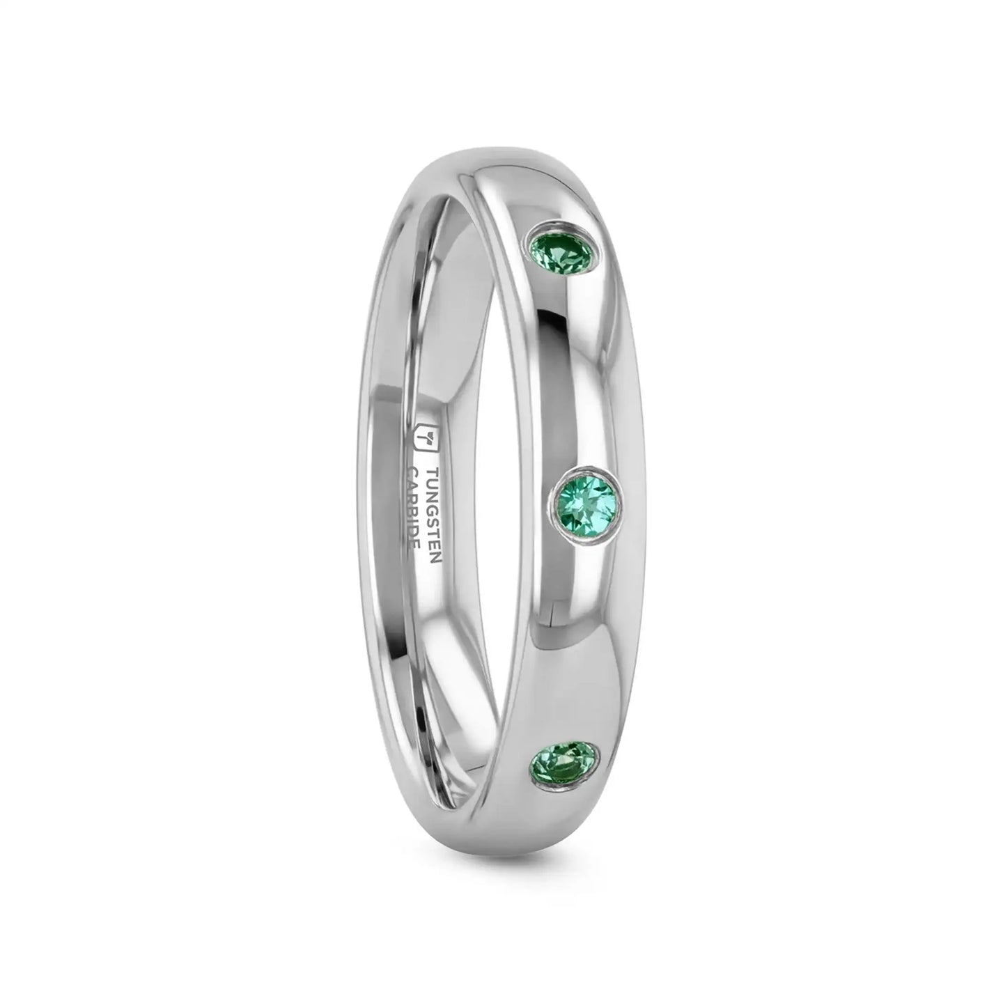 CHLOE Polished and Domed Tungsten Carbide Wedding Ring with 3 Green Emeralds Setting - 4mm - Larson Jewelers
