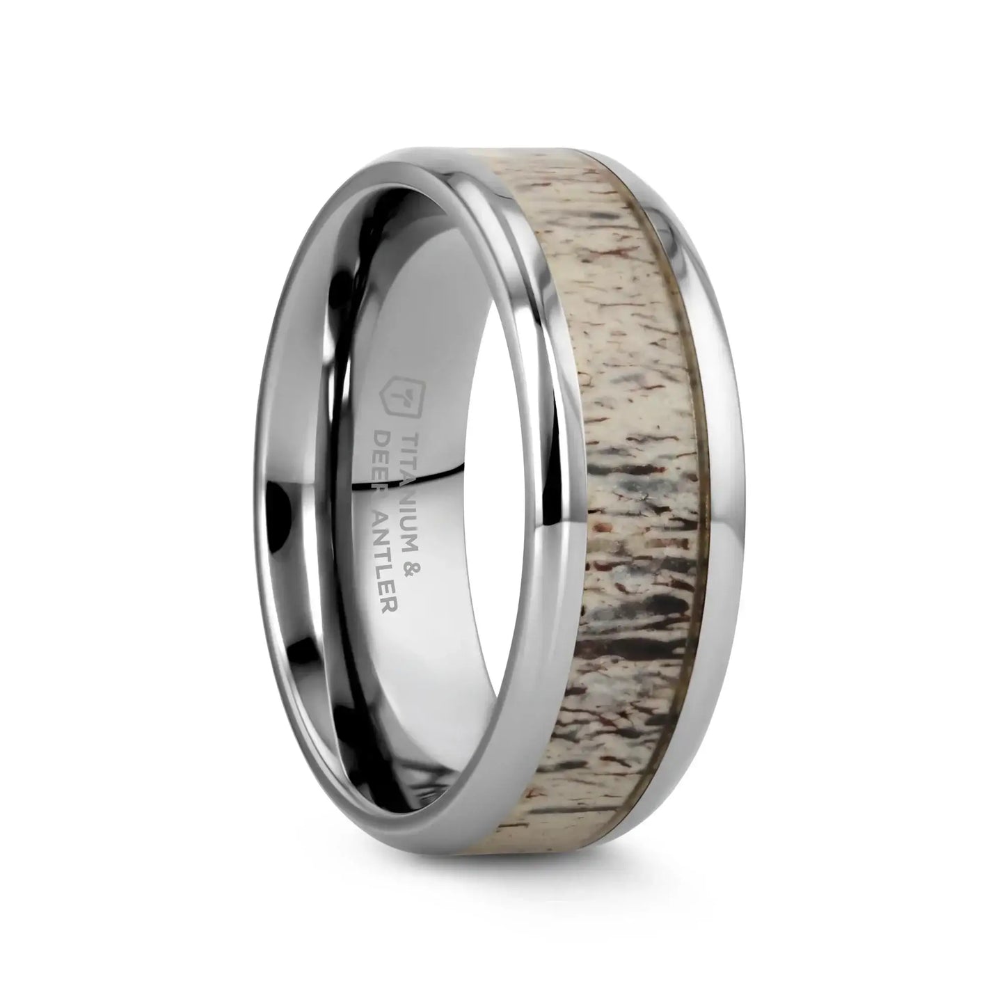 CARIBOU Polished Beveled Titanium Men's Wedding Band with Ombre Deer Antler Inlay - 8mm - Larson Jewelers