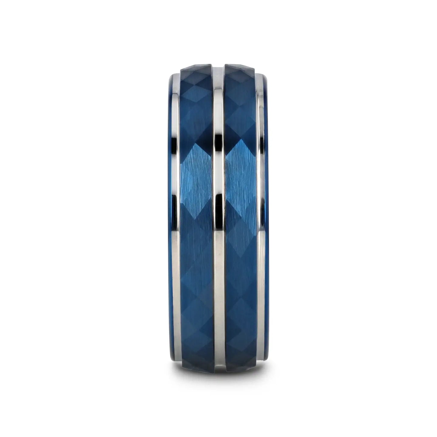 CARMEL Blue Ion Plated Tungsten Carbide Men's Ring With Faceted Center And Stepped Edges - 8mm - Larson Jewelers