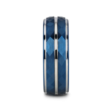 CARMEL Blue Ion Plated Tungsten Carbide Men's Ring With Faceted Center And Stepped Edges - 8mm - Larson Jewelers