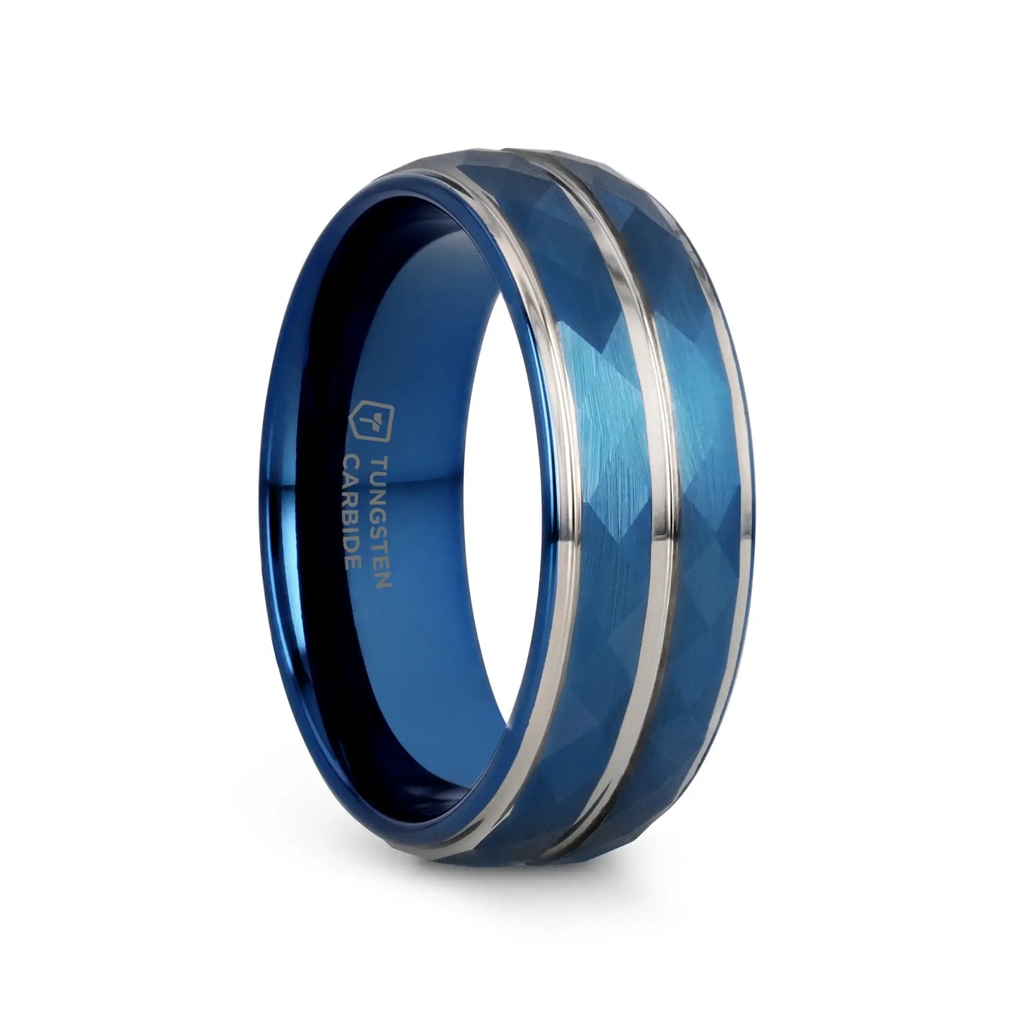 CARMEL Blue Ion Plated Tungsten Carbide Men's Ring With Faceted Center And Stepped Edges - 8mm - Larson Jewelers