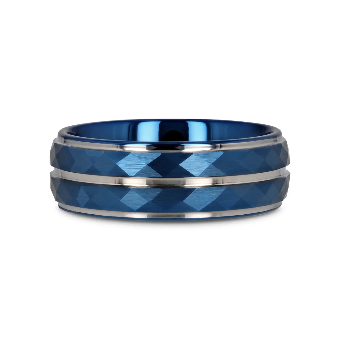 CARMEL Blue Ion Plated Tungsten Carbide Men's Ring With Faceted Center And Stepped Edges - 8mm - Larson Jewelers