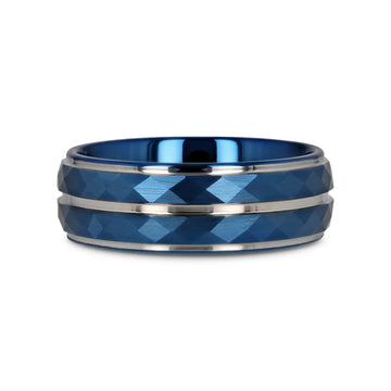 CARMEL Blue Ion Plated Tungsten Carbide Men's Ring With Faceted Center And Stepped Edges - 8mm - Larson Jewelers
