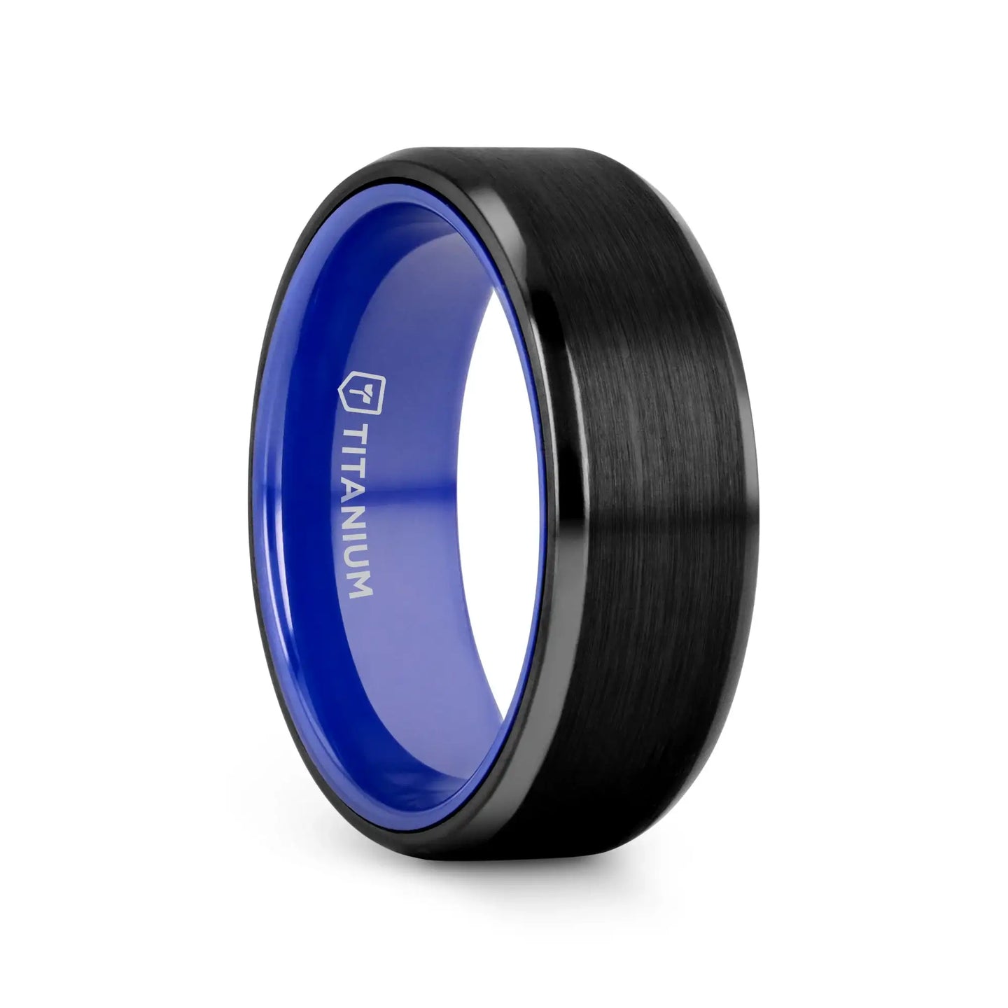 CASTOR Beveled Edges Black Titanium Ring with Brushed Center and Vibrant Blue Inside - 8mm - Larson Jewelers