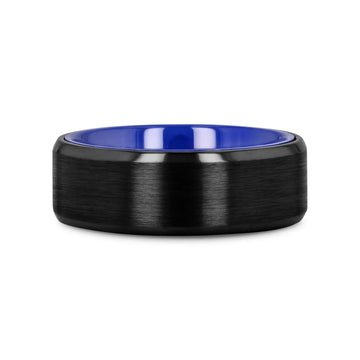 CASTOR Beveled Edges Black Titanium Ring with Brushed Center and Vibrant Blue Inside - 8mm - Larson Jewelers