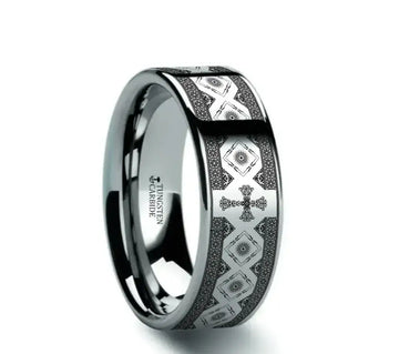 CATHOLY Classic Flat Tungsten Carbide Ring with Engraved Cross Pattern - Larson Jewelers