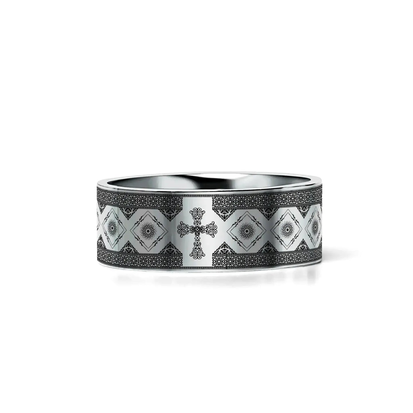 CATHOLY Classic Flat Tungsten Carbide Ring with Engraved Cross Pattern - Larson Jewelers
