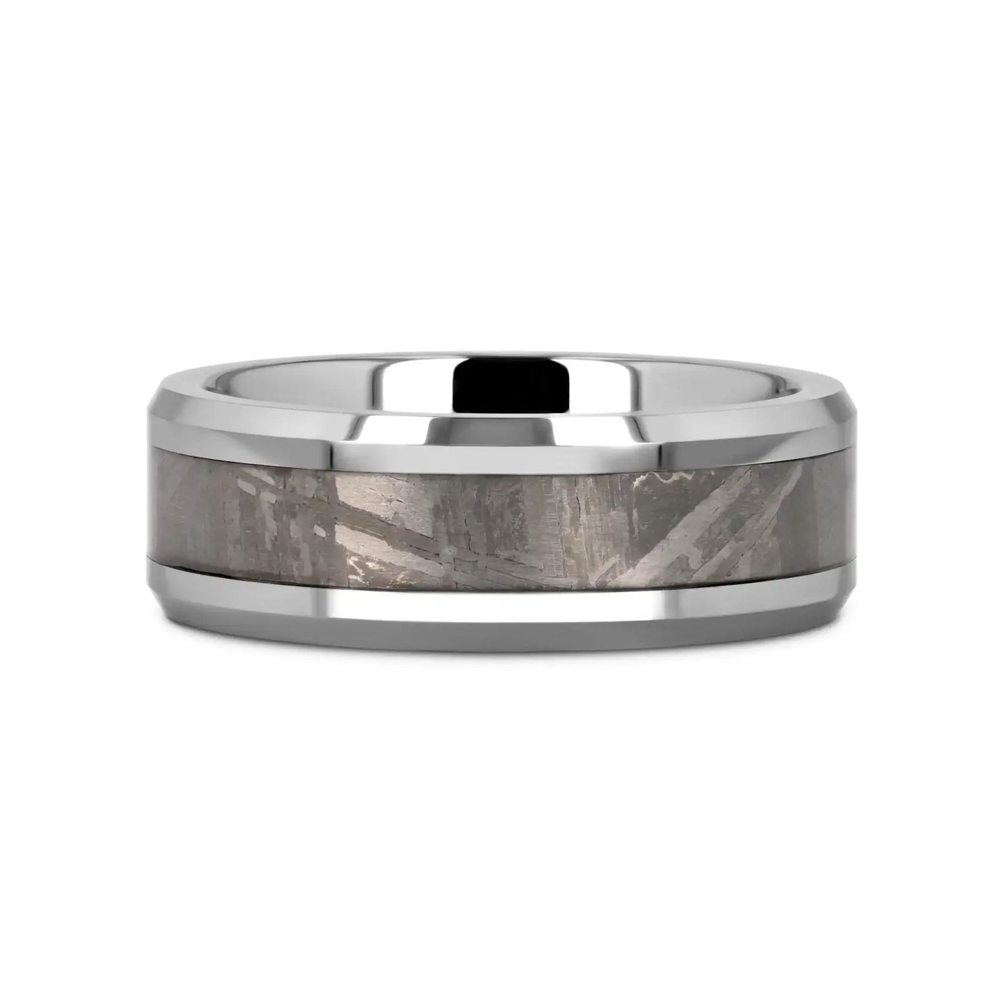 CELESTIAL Flat Tungsten Carbide Ring with Beveled Edges and Meteorite Inlay Thorsten - 8mm - Larson Jewelers