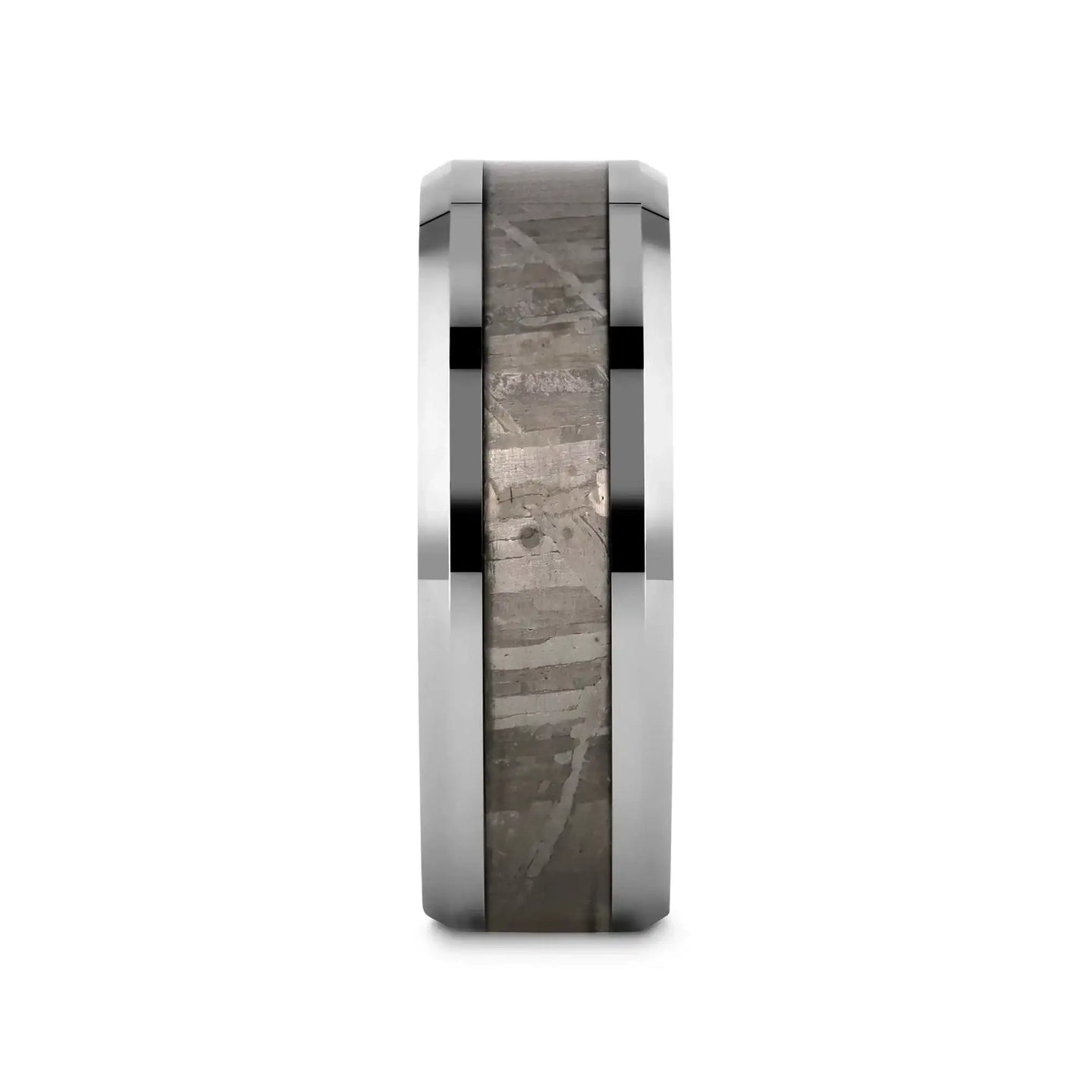 CELESTIAL Flat Tungsten Carbide Ring with Beveled Edges and Meteorite Inlay Thorsten - 8mm - Larson Jewelers