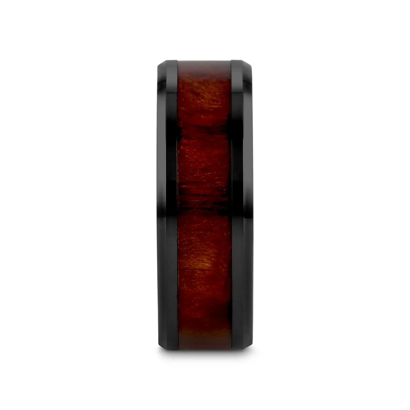 CERISE Redwood Inlaid Black Ceramic Ring with Beveled Edges - 8mm - Larson Jewelers