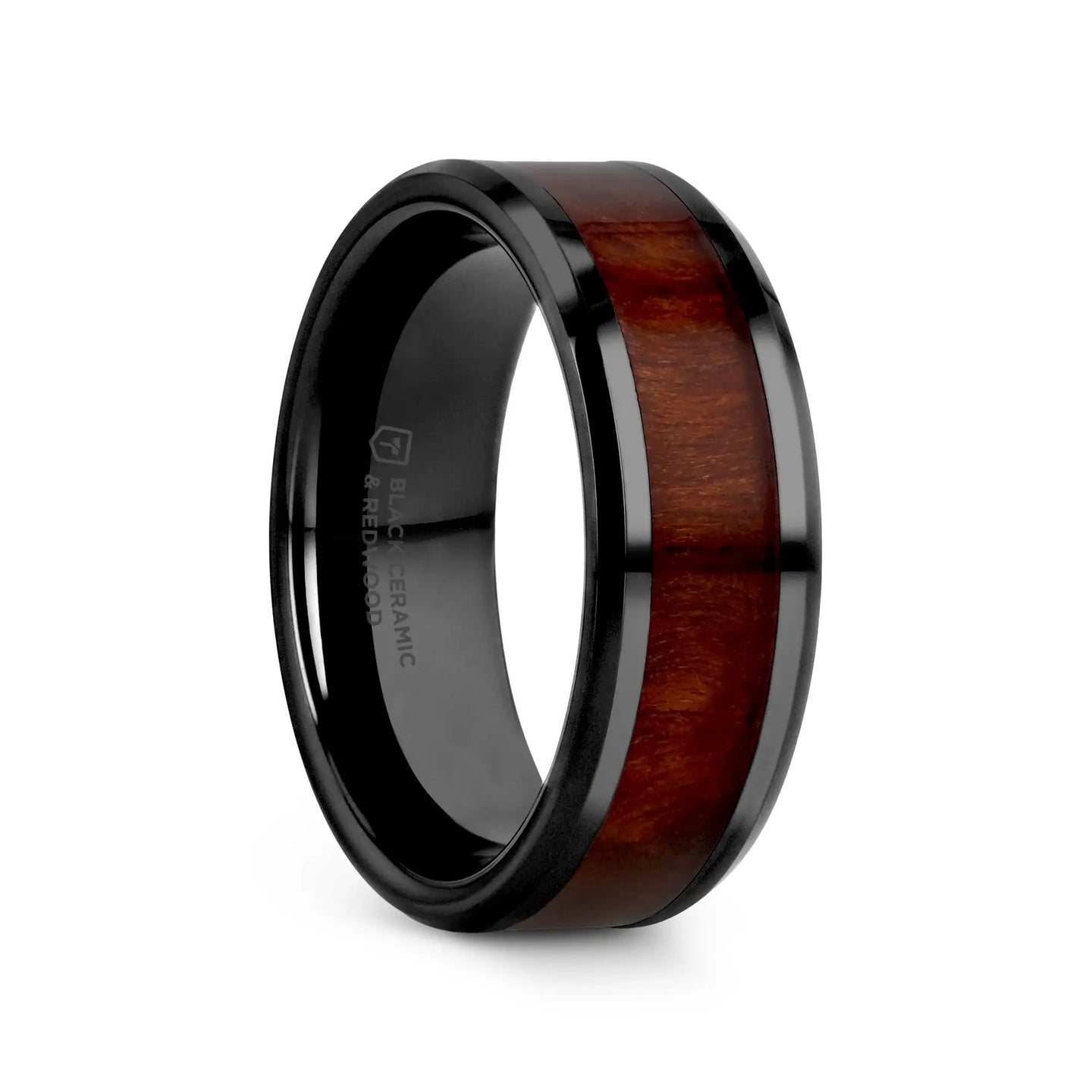 CERISE Redwood Inlaid Black Ceramic Ring with Beveled Edges - 8mm - Larson Jewelers