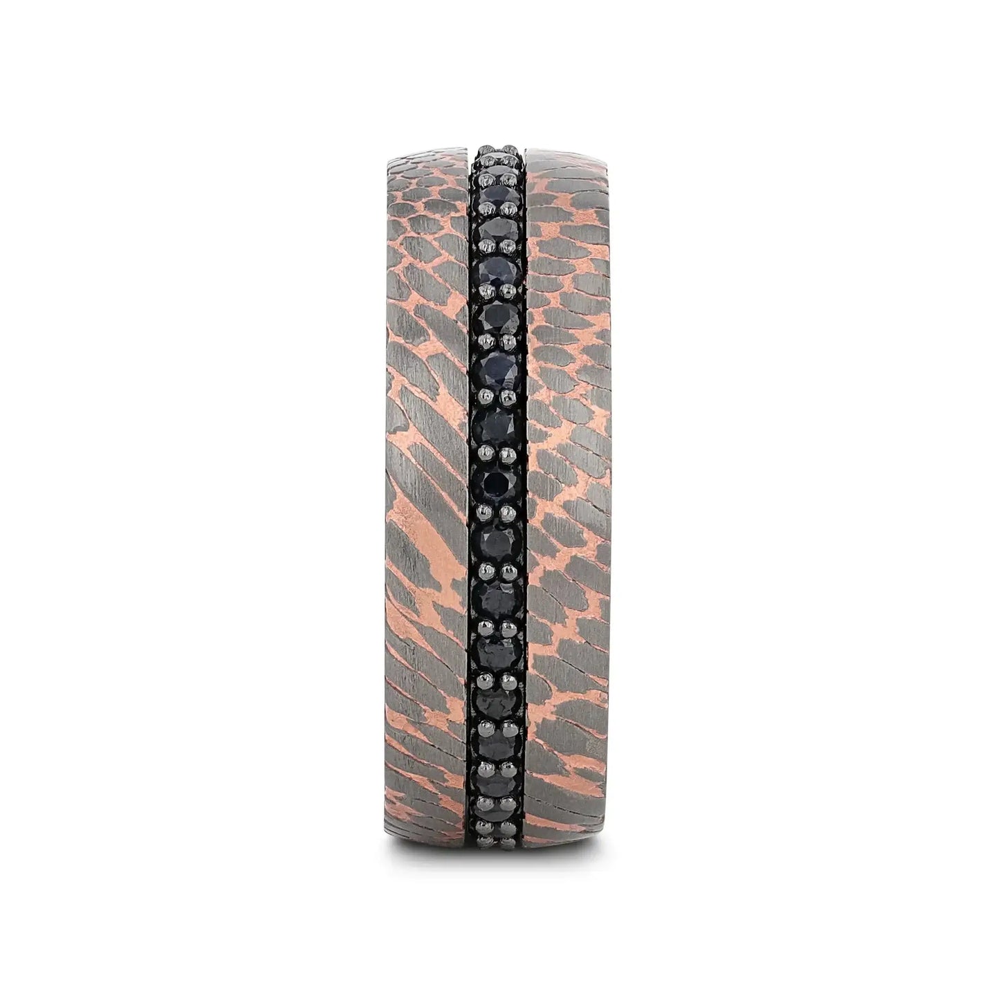 Front view showing the centered black sapphire inlay running around the ring with textured superconductor pattern