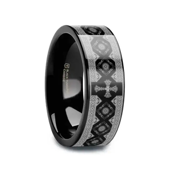 CATHOLY Black Flat Tungsten Carbide Ring with Engraved Cross Pattern - Larson Jewelers