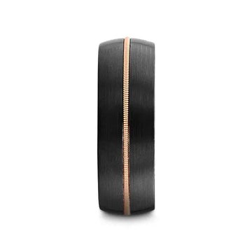 Front view of the 8mm black tungsten ring highlighting the brass guitar string inlay
