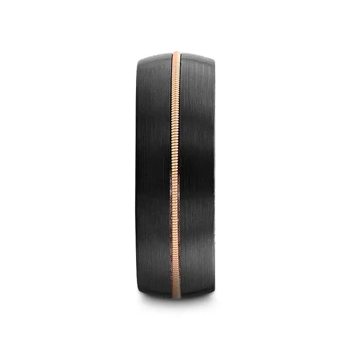 Front view of the 8mm black tungsten ring highlighting the brass guitar string inlay