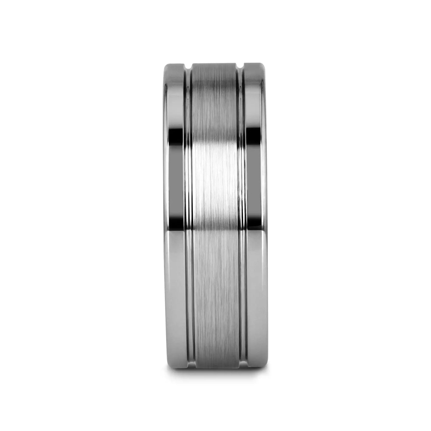 CHRONOS Flat with Offset Grooves Polished Edges and Satin Center Tungsten Band 6mm or 8mm - Larson Jewelers