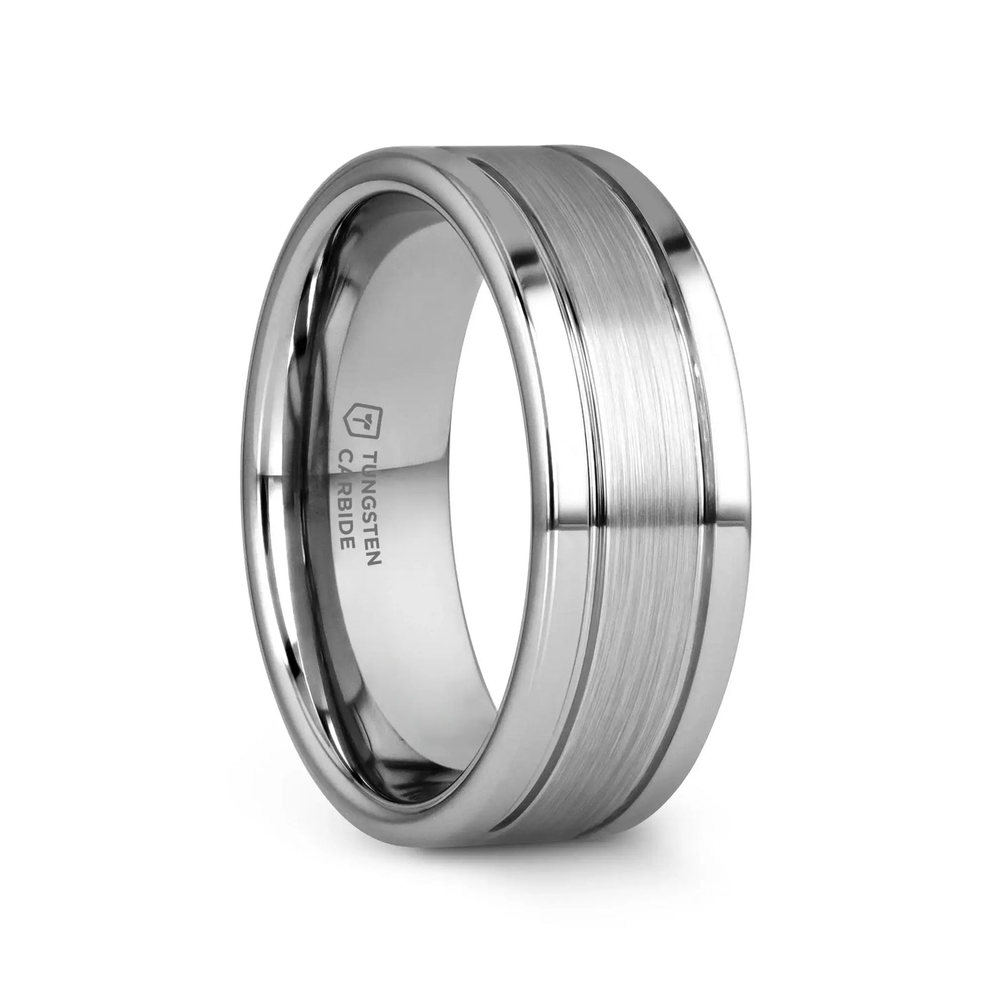 CHRONOS Flat with Offset Grooves Polished Edges and Satin Center Tungsten Band 6mm or 8mm - Larson Jewelers