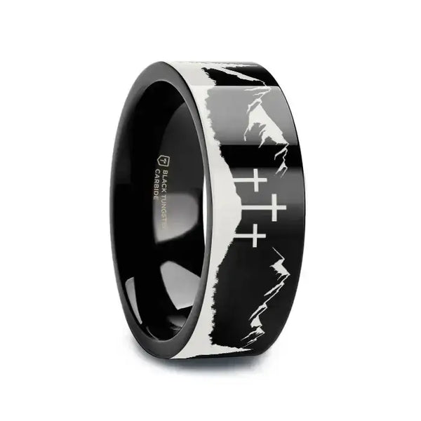 MOUNTAIN MAJESTY Laser Engraved Black Tungsten Carbide Ring - Larson Jewelers
